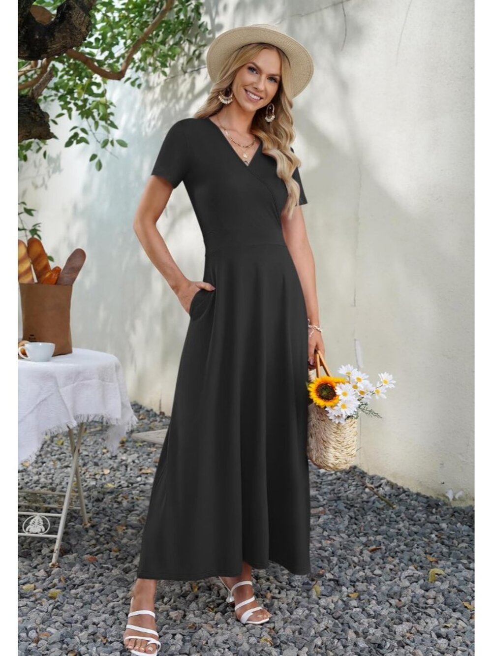 Women's Black V-Neck Short Sleeve Long Flowy Sundress Pull On Casual Maxi Dress - Picture 3 of 5